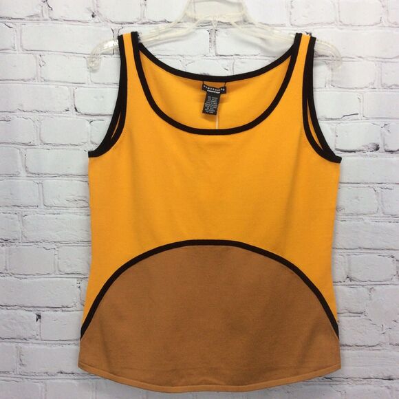 Don Caster Collection Womens Tank Top Sz M Mustard/Brown Color Block Black Trim - Picture 2 of 11